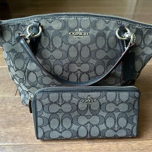Coach Outline Signature Small Kelsey Black Monogram Canvas Handbag and Wallet
